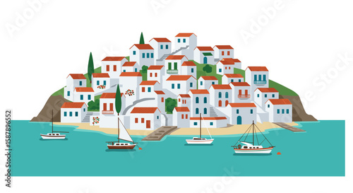 Picturesque coastal village with charming boats and vibrant mediterranean architecture