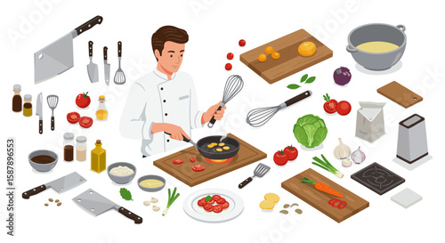 Chef cooking in modern kitchen with ingredients and utensils isometric art