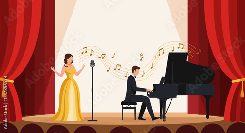 Elegant concert with singer and pianist on stage in classic theater setting