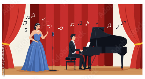 Elegant evening concert with pianist and singer on stage with red curtains