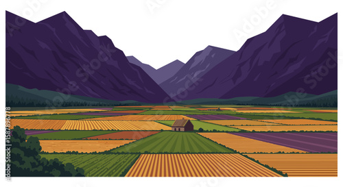 Flat landscape with fields and mountains in vibrant colors