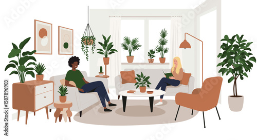 Cozy living room with plants and relaxed conversation in modern interior design