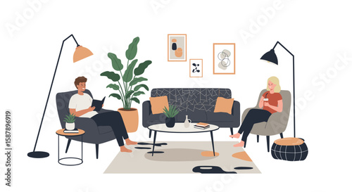 Cozy living room scene with people relaxing and drinking coffee in modern interior