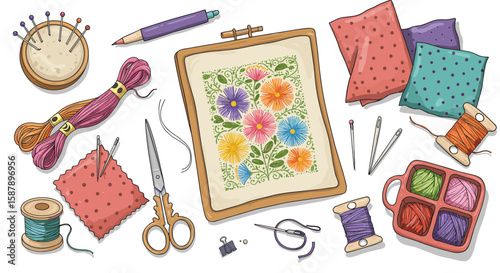 Colorful floral embroidery kit with needles, scissors, and thread on white background