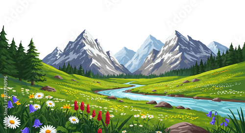Tranquil mountain landscape with flowing river and colorful wildflowers