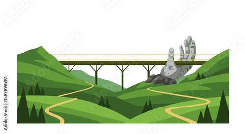 Scenic mountain landscape with bridge and giant stone hand in flat design