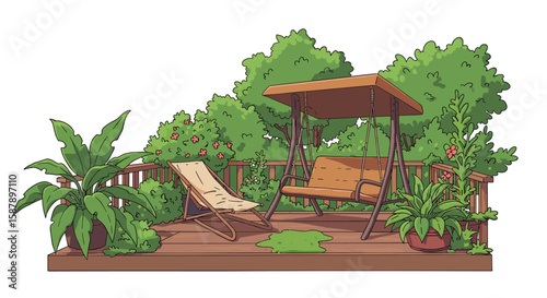 Tranquil garden patio with swing seat and lush greenery in cartoon style