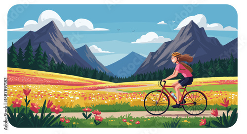 Female cyclist enjoying scenic ride through vibrant mountain landscape on a sunny day