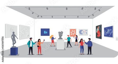 Modern art gallery visit with visitors engaging with contemporary exhibits and minimalist artifacts