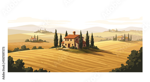 Idyllic countryside villa in a serene landscape with rolling hills and cypress trees