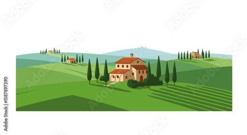 Idyllic countryside landscape with rolling hills and rustic villas