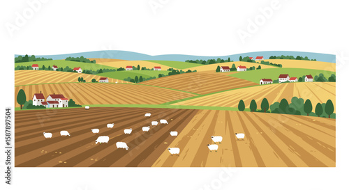 Peaceful rural landscape with sheep grazing in colorful fields and rolling hills