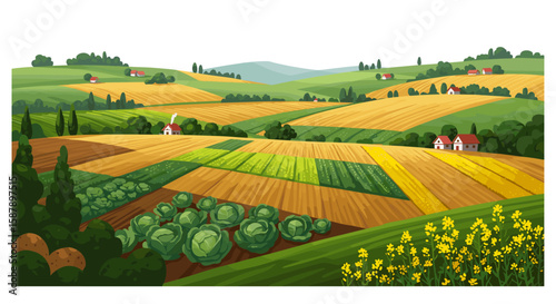 Lush rural landscape with rolling hills and farm fields in vibrant colors