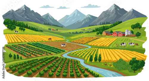 Idyllic farmland scene with mountains, crops, and farm animals