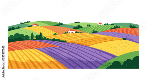 Colorful rolling hills with patterned fields and small farmhouses