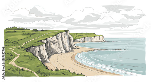 Scenic coastal cliffs landscape with dramatic white cliffs and tranquil beach under cloudy sky