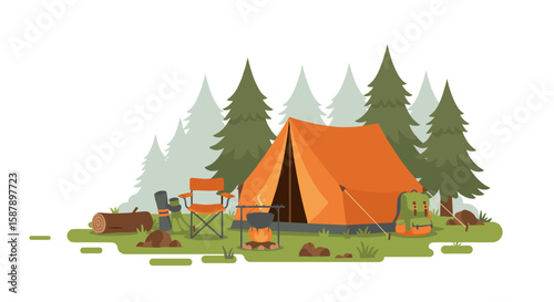 Camping scene with tent and gear in a forest setting