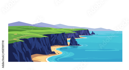 Coastal cliffs and ocean waves in vibrant flat design landscape