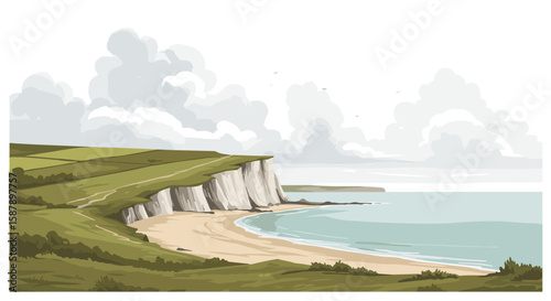 Coastal cliff landscape with dramatic clouds and sandy beach