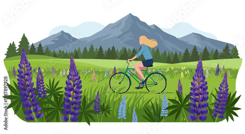 Woman cycling through lavender fields with mountain backdrop in flat design