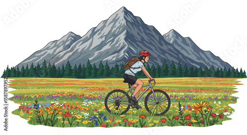 Cyclist adventure through scenic mountain landscape with vibrant wildflower fields