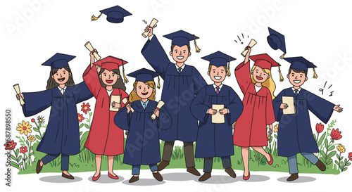Joyful graduation celebration with caps and diplomas in cartoon style