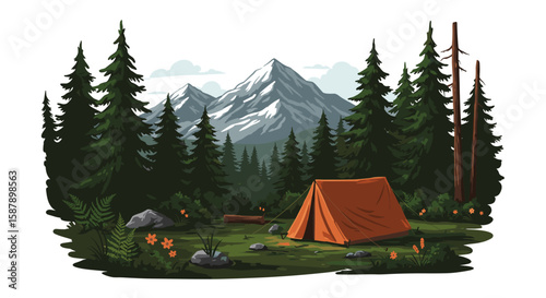 Scenic mountain camping: tranquil forest scene with tent and snowy peaks