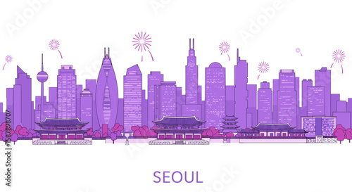Colorful seoul cityscape with fireworks and landmarks in linear design