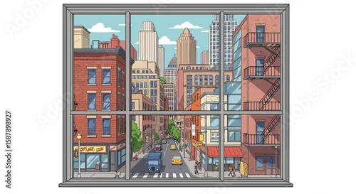 Cityscape view from a window with urban buildings and skyline in cartoon style