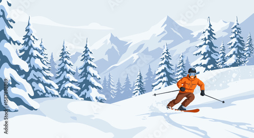 Winter adventure: skiing through snowy mountains and pines in scenic landscape