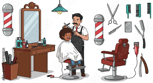 Barber shop scene with haircut and tools in cartoon style