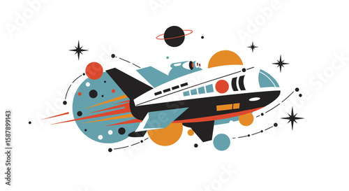 Retro space rocketship with planets in mid-century modern style