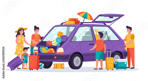Family packing for a fun road trip in a cartoon style car