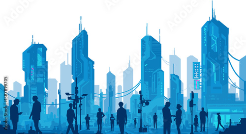 Futuristic cityscape with silhouetted figures and geometric skyscrapers