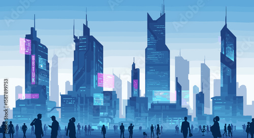 Futuristic cityscape with skyscrapers and digital elements in silhouette style