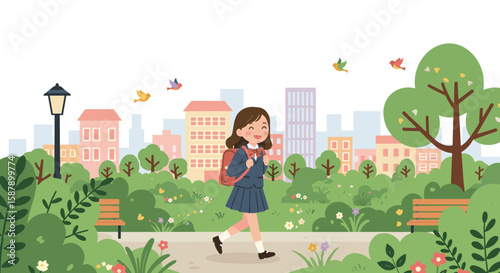 Young schoolgirl joyfully walking in a city park with birds and trees in a flat design