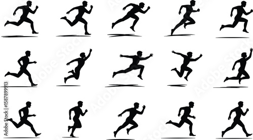 Running Silhouettes Sequence Grid, Progressive Stride Poses Showing Dynamic Human Motion for Fitness Training, Sports Illustration, Biomechanics Study, Athlete Design