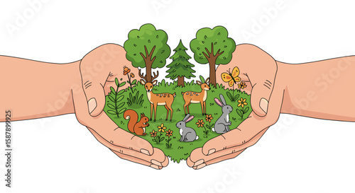 Hands protecting wildlife in nature reserve: forest animals in harmony