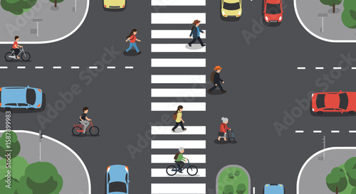 Urban pedestrian crosswalk with diverse people and vehicles in flat design