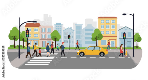 Urban street scene with pedestrians and cars in flat design
