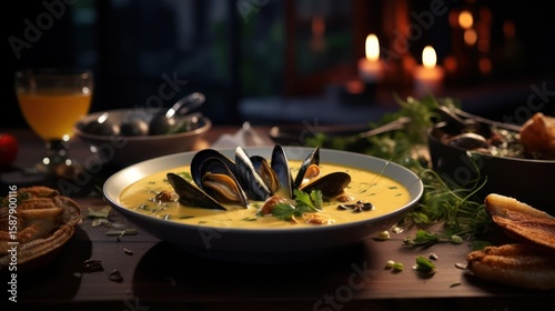 Creamy mussel soup with herbs and bread, candlelight dinner.