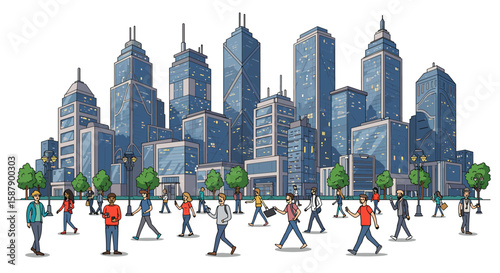 Urban crowd walking in modern city with skyscrapers in cartoon style