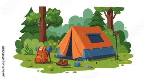 Camping adventure in forest with tent and gear on a summer day