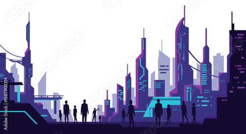 Futuristic cityscape with urban silhouettes and neon sky