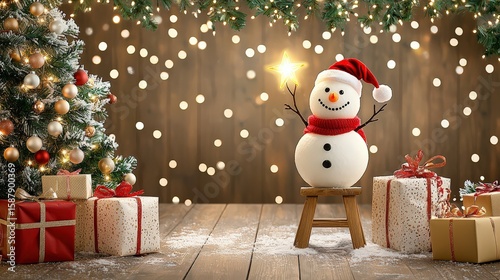 Smiling snowman standing on a wooden stool to reach the top of a beautifully lit Christmas tree, placing a bright star topper, surrounded by wrapped gifts and glowing garlands, cozy home interior