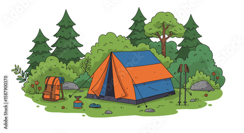 Colorful cartoon camping scene with tent in a forest setting