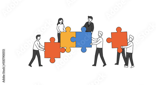 Teamwork collaboration concept with people connecting colorful puzzle pieces