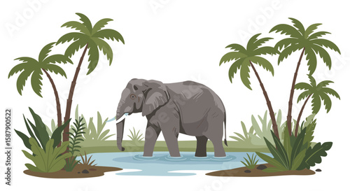 Elephant in tropical oasis with palm trees and lush green foliage