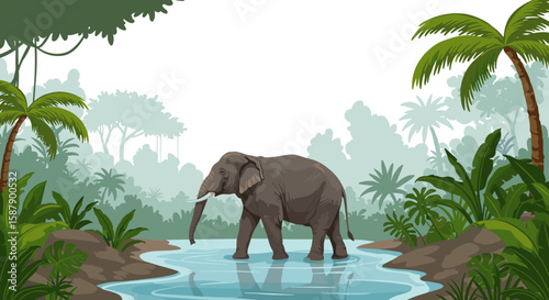 Elephant in jungle oasis with lush greenery and tranquil water