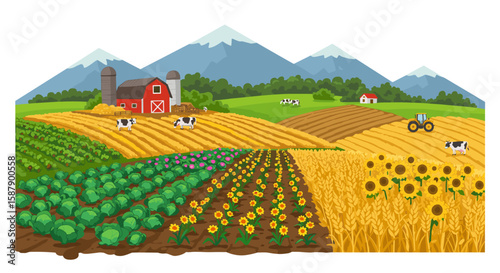 Vibrant farm landscape with crops, cows, and barn in countryside setting